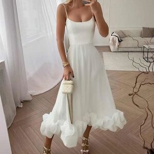 Post Meridiem Flounce Midi White Rehearsal Dinner Dress